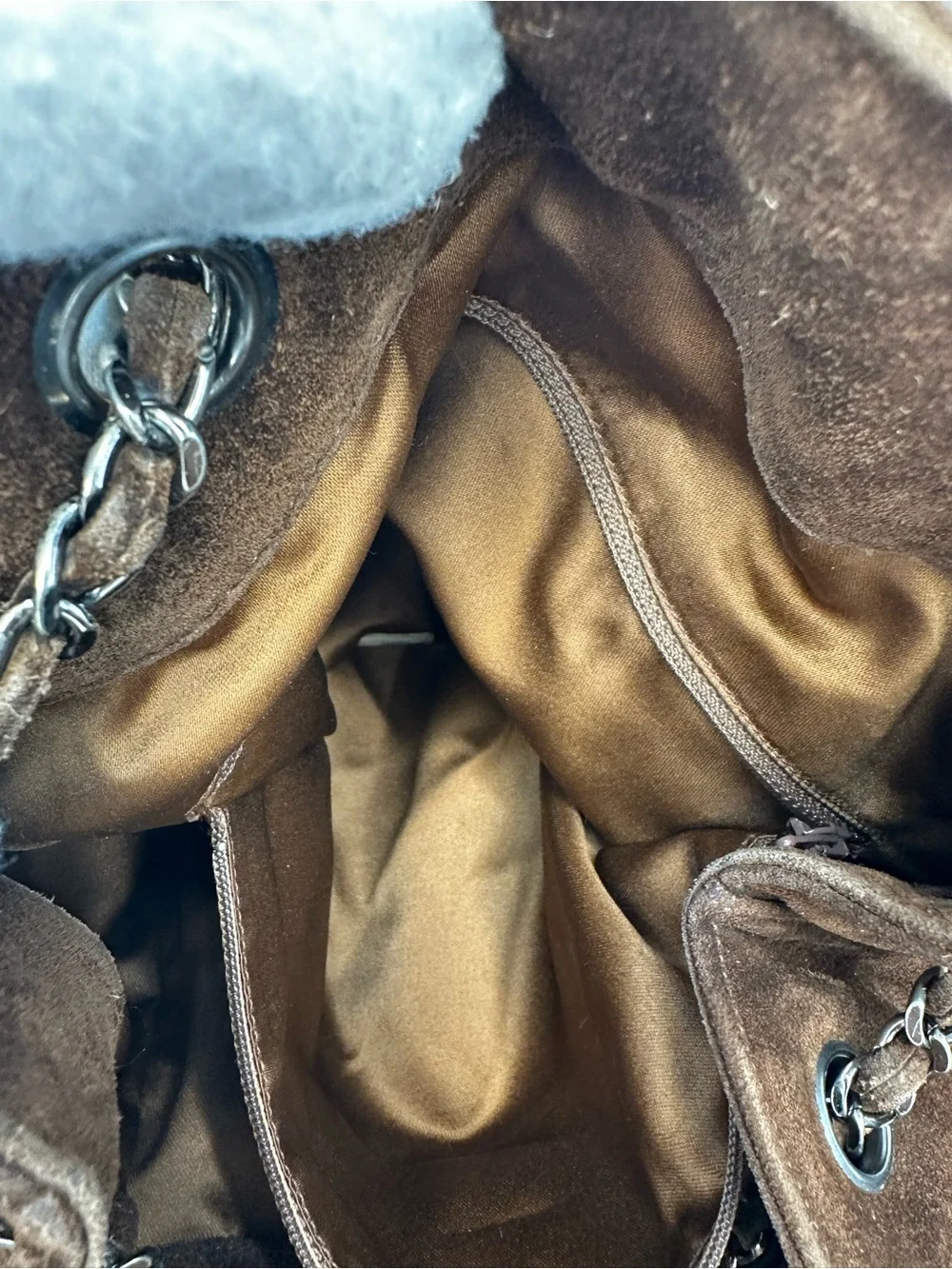 CHANEL Brown Suede Hobo Bag with Chain Handles and Tassle